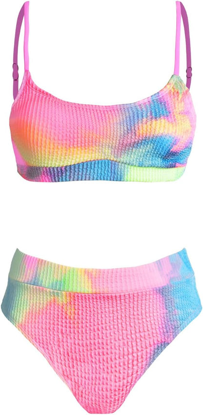 Costum de baie bikini CUPSHE cu decolteu U si talie inalta, marimea L, Candy Rainbow