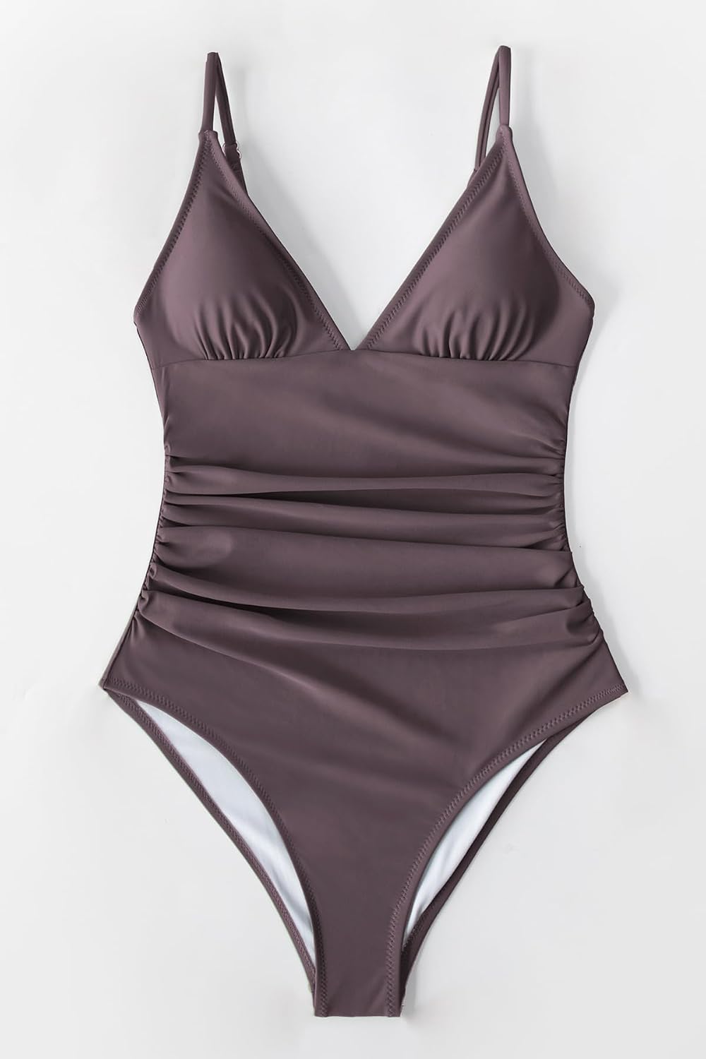 Costum de baie intreg CUPSHE cu decolteu in V, dungi si control al abdomenului, marimea L, maro cafea