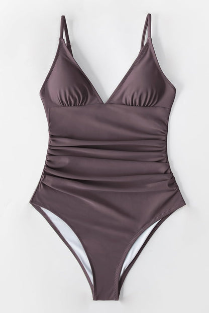 Costum de baie intreg CUPSHE cu decolteu in V, dungi si control al abdomenului, marimea L, maro cafea