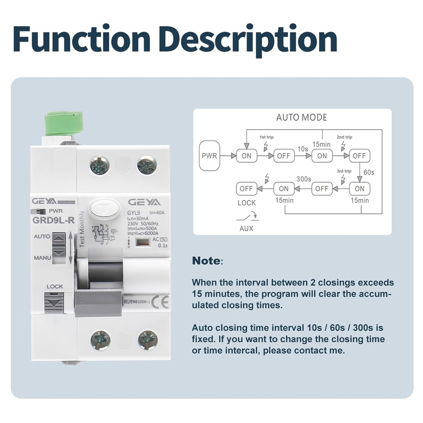 GEYA Auto Reclosing Device Circuit Breaker 6KA ELCB Self-Reclosing RCCB Recloser RCD AC Type (Auto Recloser AC220V+RCCB 2P-25A-30mA)