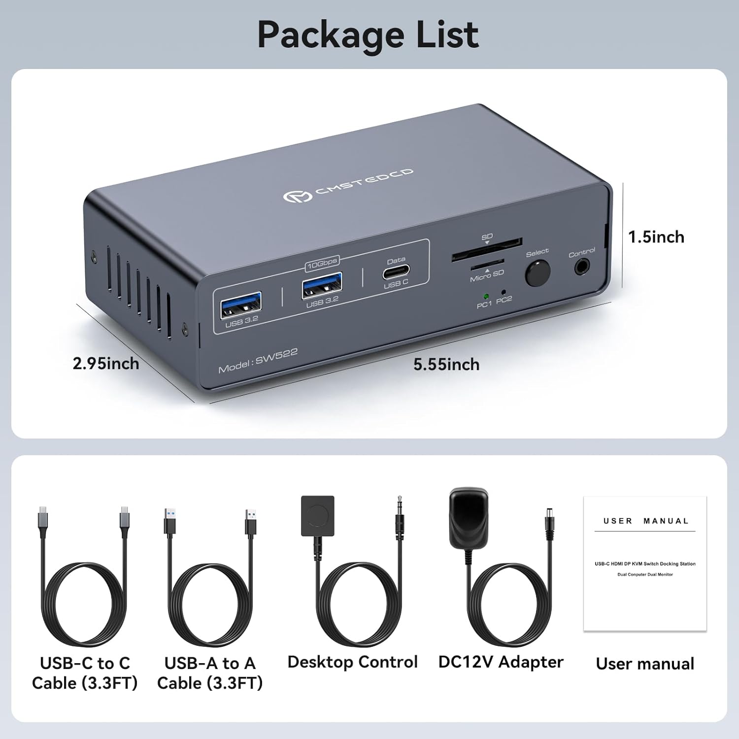 KVM Switch 2 Monitors 2 Computers USB C Docking Station with 4K60Hz HDMI and 4K120Hz DP KVM Switch Dual Monitor 10Gbps USBC+USBA 3.2 Date 5Gbps USB3.0 Date and SD/microSD Card Slots for Laptop&Desktop