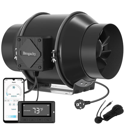 Brogachy 200mm intelligent Inline Duct Fan with Wifi App,Three-phase motor(UK plug) Quiet Exhaust Fan 1413 m³/h,8 Inch Inline Fan for Growth Tent, Hydroponics, Home Use, Ventilation and Exhaust Fan.