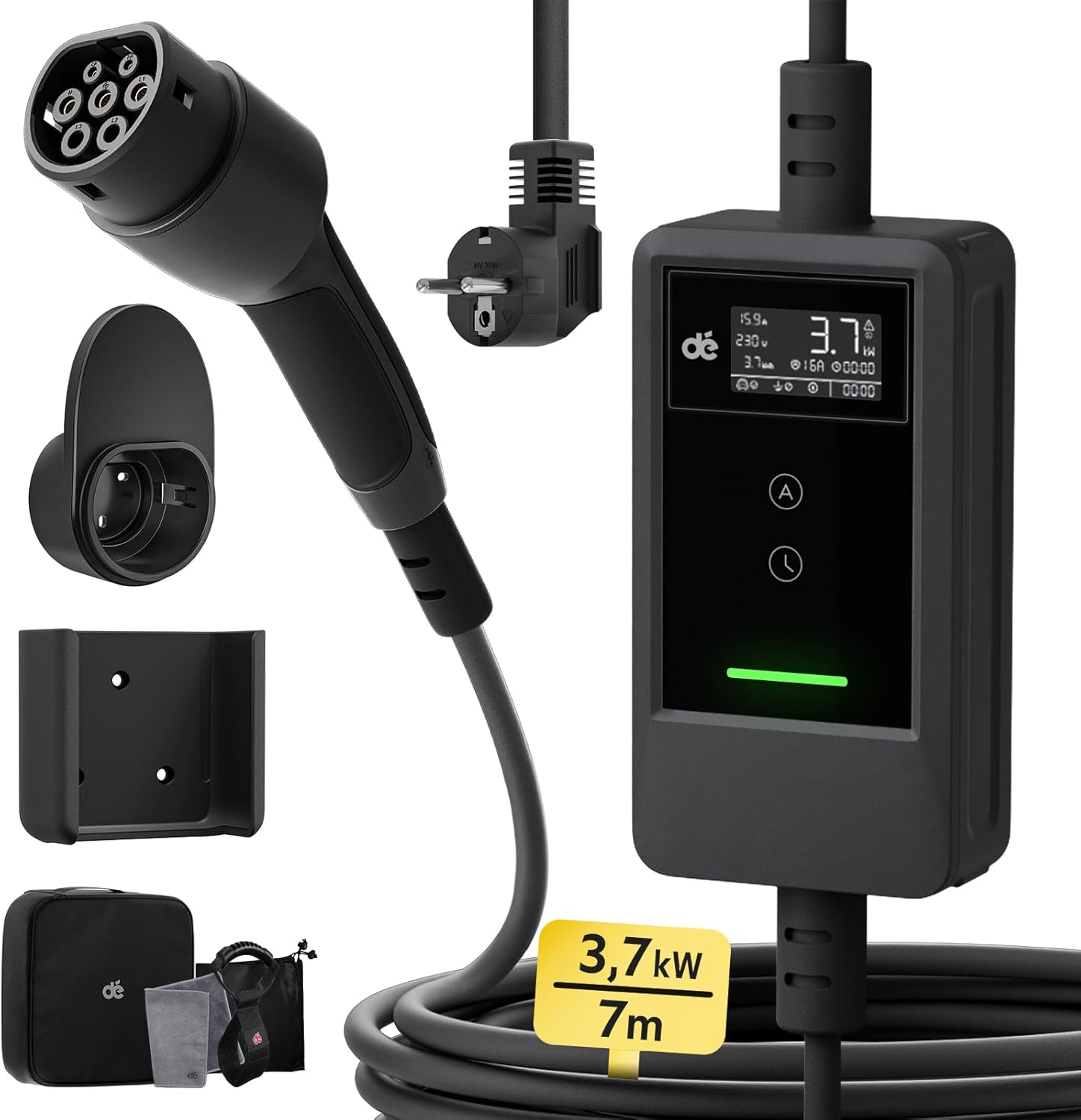 dé Charging Cable Electric Car Type 2 Schuko 3.7 kW [7 m, 6-16 A] EV Charger with Cable Holder and Digital LCD - EV Charger for E Car Model 3/Y, ID.3/4/5, MG4, Q4, GLA, Zoe and Other PHEV/EV