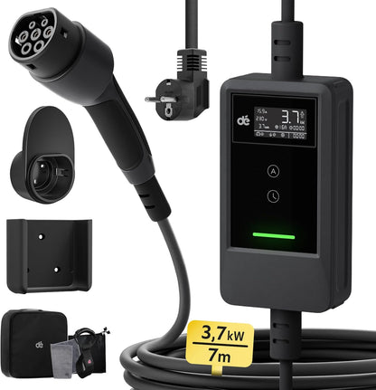 dé Charging Cable Electric Car Type 2 Schuko 3.7 kW [7 m, 6-16 A] EV Charger with Cable Holder and Digital LCD - EV Charger for E Car Model 3/Y, ID.3/4/5, MG4, Q4, GLA, Zoe and Other PHEV/EV