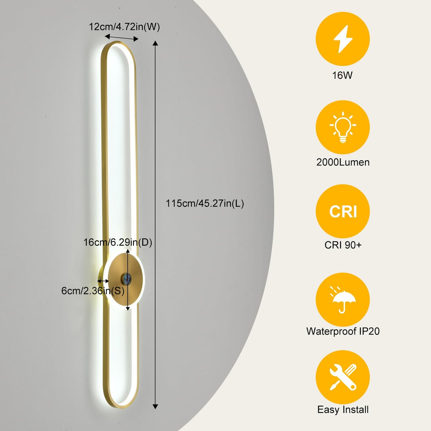 Aplica LED GEADI 115cm 16W cu telecomanda, dimabila, aurie