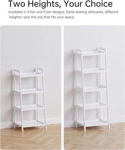 Etajera tip scara SMIBUY din bambus, 5 rafturi, 127 cm inaltime, alba