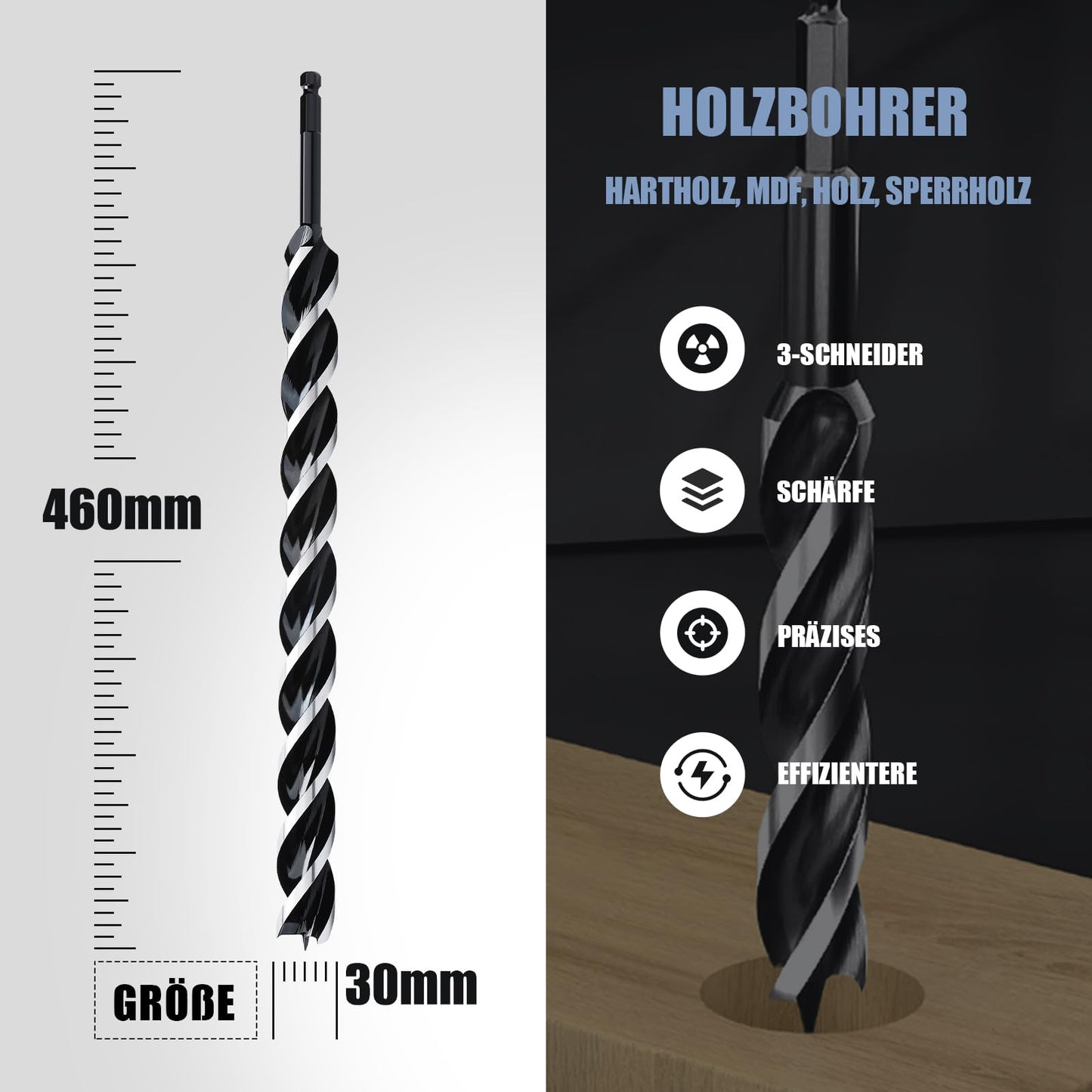 Burghiu melcat MOXPIFY 30x460 mm pentru lemn, coada hexagonala E9.5