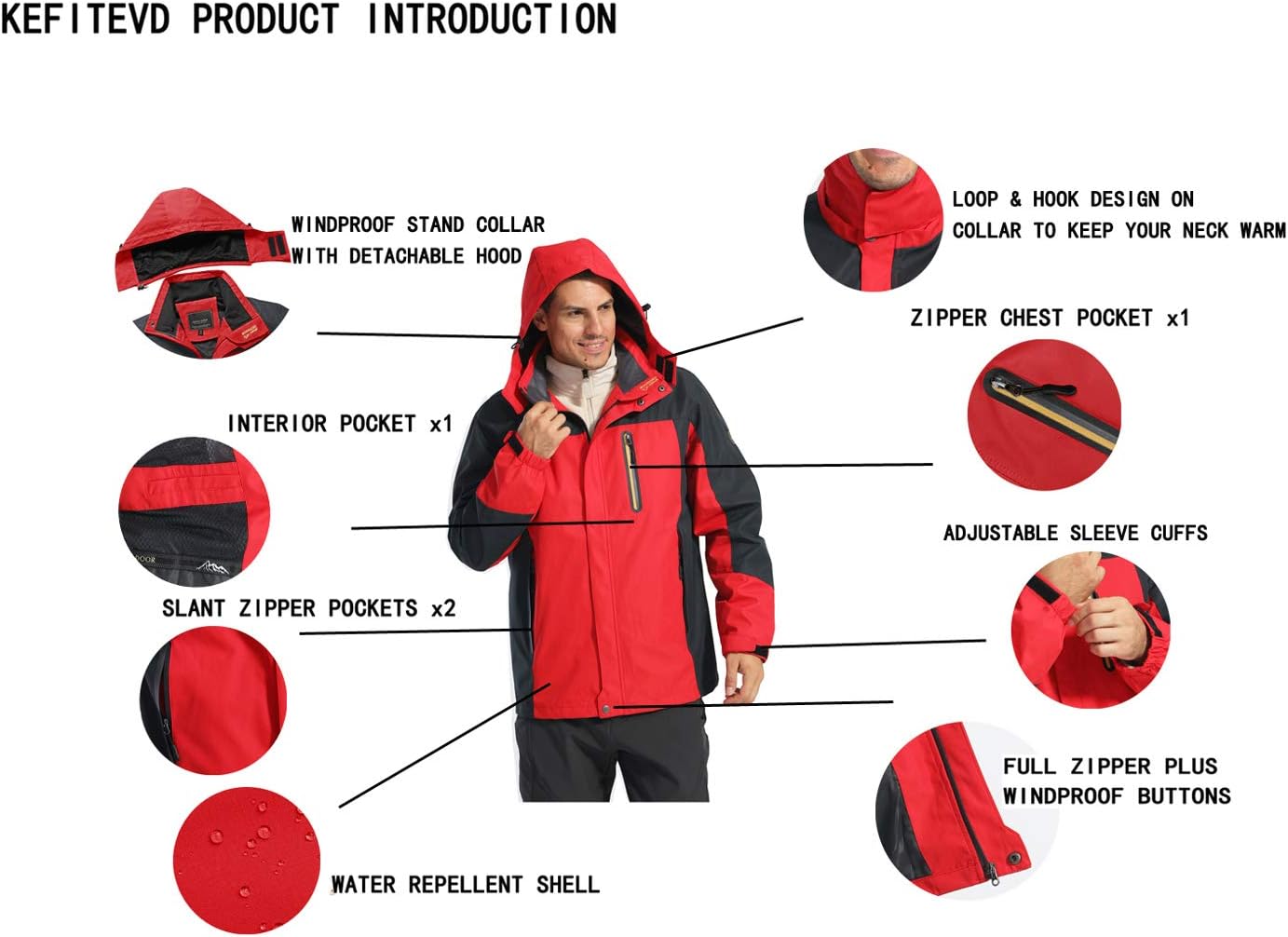 KEFITEVD Softshelljacke Herren Wasserabweisende Funktionsjacke mit Abnehmbarer Kapuze Leichte Outdoorjacke für Wandern Trekking