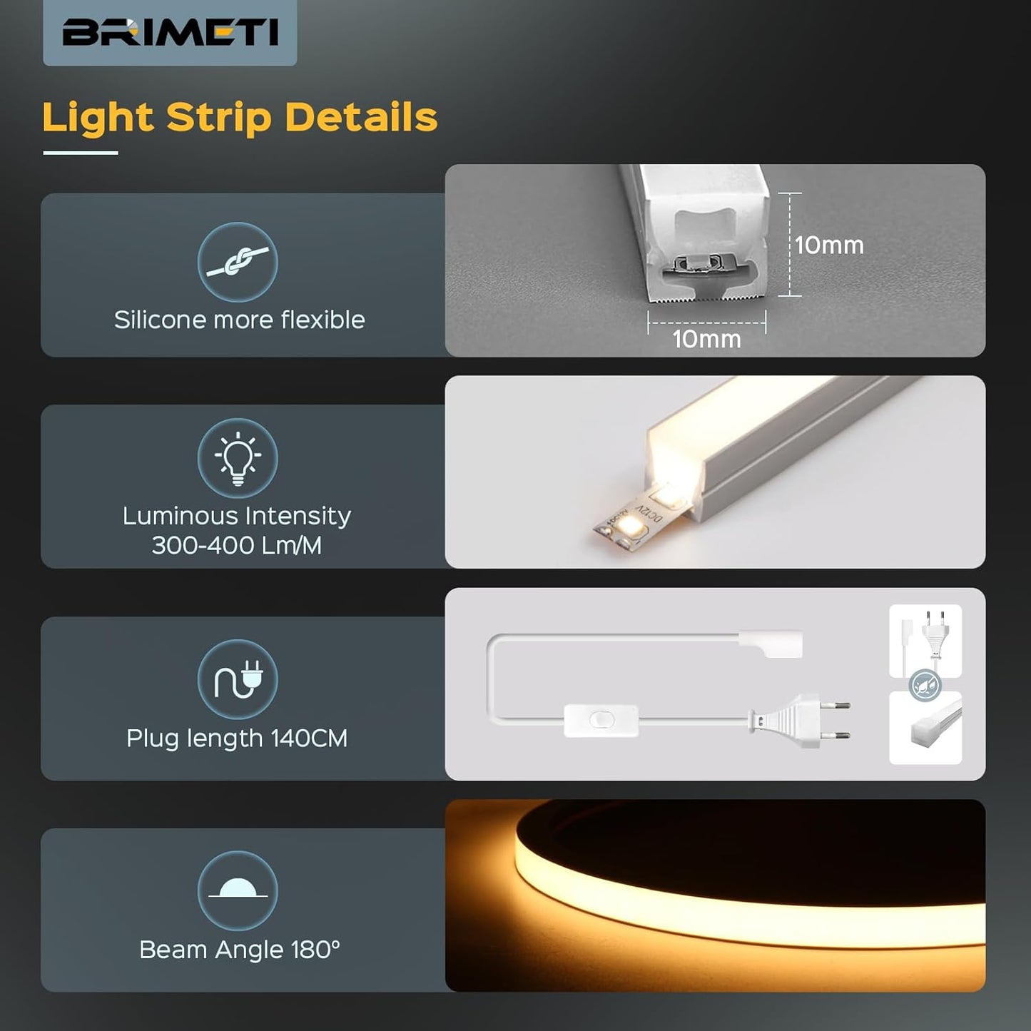 BRIMETI Ruban LED Exterieur Etanche 15M 220V Bande Neon LED Flexible Jaune Bandeau Outdoor IP65 10MM Silicone Découpable Imperméable Intérieure, Inclus Adaptateur Secteur, pour Cuisine