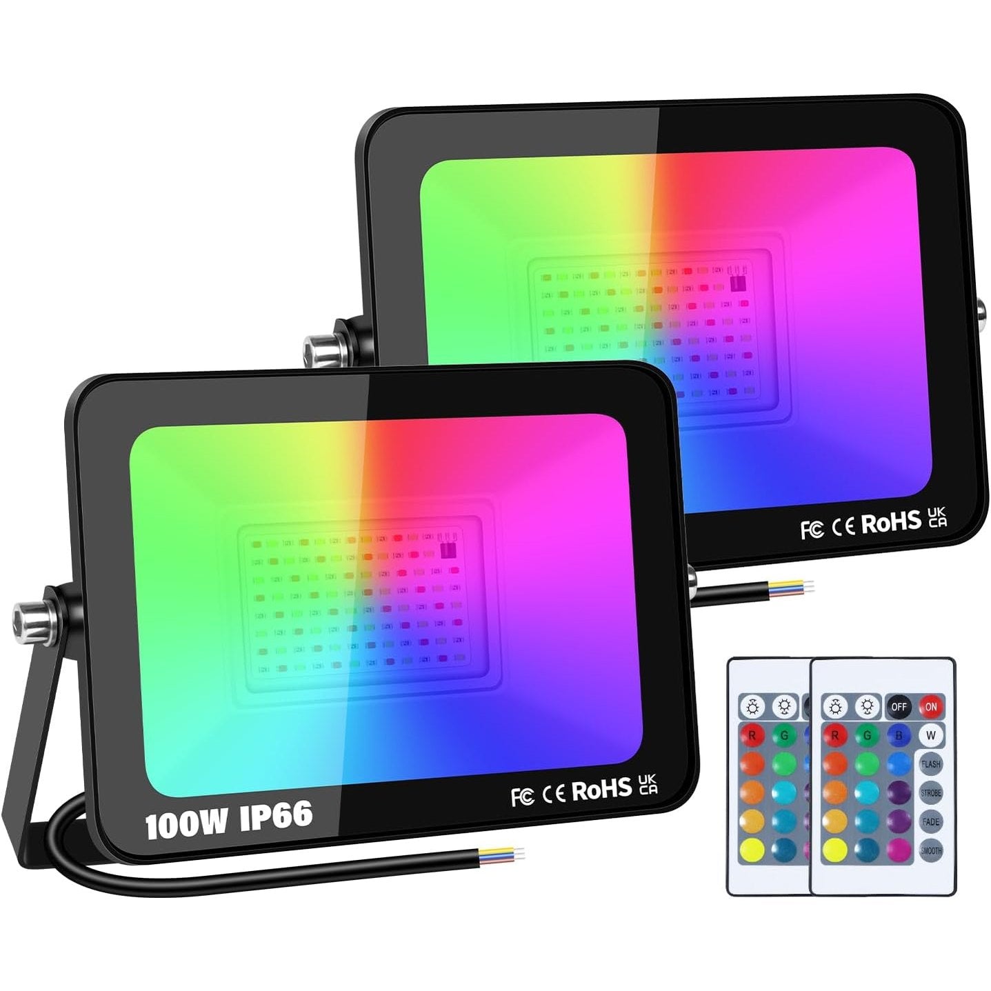 RIGIDON 2 Pack RGB Spotlight 100 W 10000 LM RGB LED Spotlight with Remote Control 16 Colours 4 Modes IP66 Waterproof RGBW Colour Changing Floodlight Outdoor for Party Garden Tree Landscape Disco