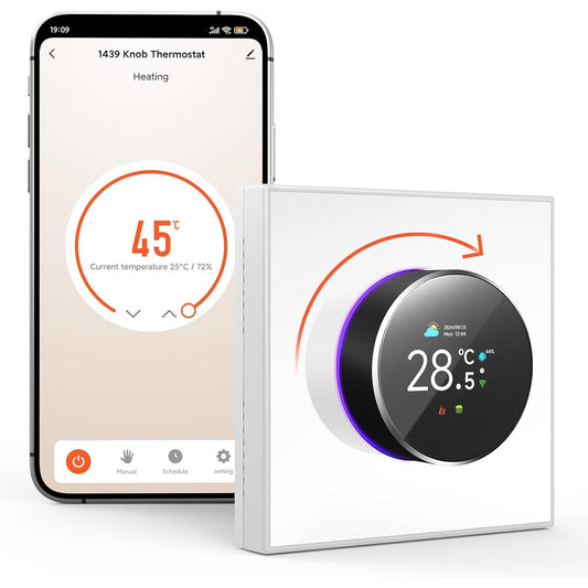 Funspread Smart Thermostat Heating Thermostat - Wall Thermostat WiFi Digital Thermostat with Alexa, Google Home, Tuya, Smart Life App Rotary Switch TFT LCD Monitor 3A White