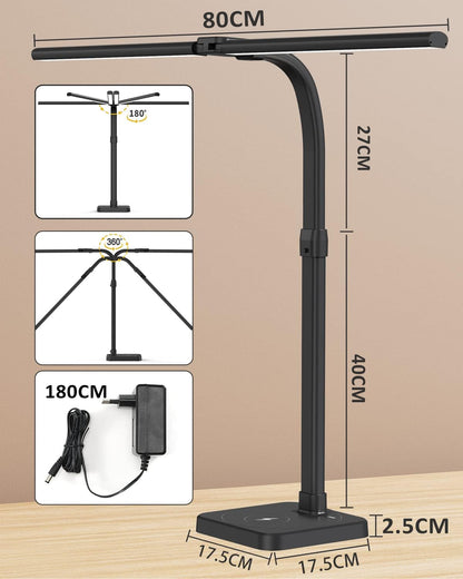 tantu Desk Lamp LED Dimmable, Desk Lamp with 15 W Wireless Charging and USB Charging Function, 24 W 80 cm Double Head Desk Lamp, 5 Colours, 5 Brightness Levels, Office Lamp Gooseneck (Black)