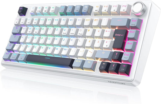 OMOTON Mechanical Keyboard Gaming Gasket QWERTZ ISO-DE Layout, Hot-Swap Wireless Gamer Keyboard 75% RGB with Five Layer Attenuation & Button, Bluetooth/2.4G/USB-C, Creamy Linear Switch, MK211