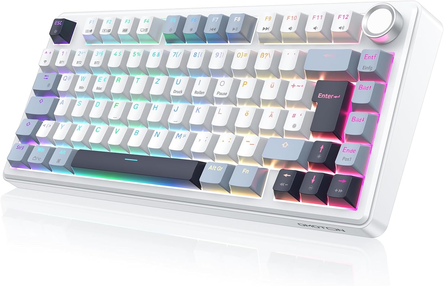 OMOTON Mechanical Keyboard Gaming Gasket QWERTZ ISO-DE Layout, Hot-Swap Wireless Gamer Keyboard 75% RGB with Five Layer Attenuation & Button, Bluetooth/2.4G/USB-C, Creamy Linear Switch, MK211