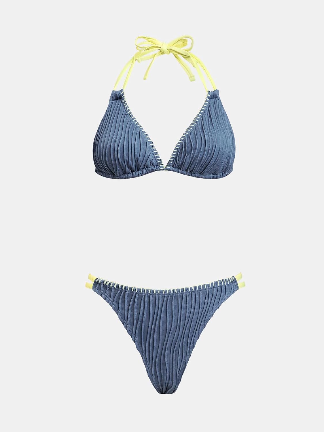 Costum de baie bikini CUPSHE cu decolteu in V si bretele la gat, talie joasa, marimea XL, albastru otel/galben neon