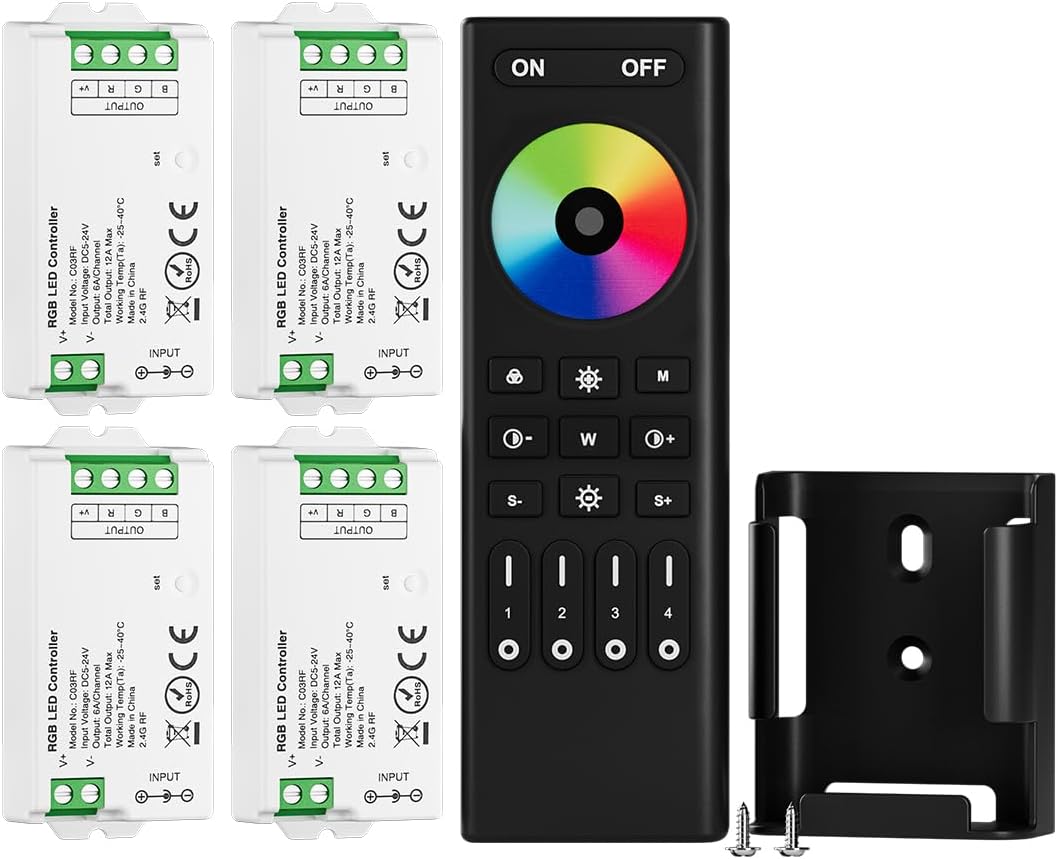 BTF-LIGHTING 5050SMD FCOB COB RGB RF Remote RC03RFB &4PCS C03RF LED Tuya LED Controller Kit 4 Zones RF 2.4GHz Wireless Remote Group Control PWM RGB (+ R G B) 4pin LED Strip DC5V DC12V DC24V