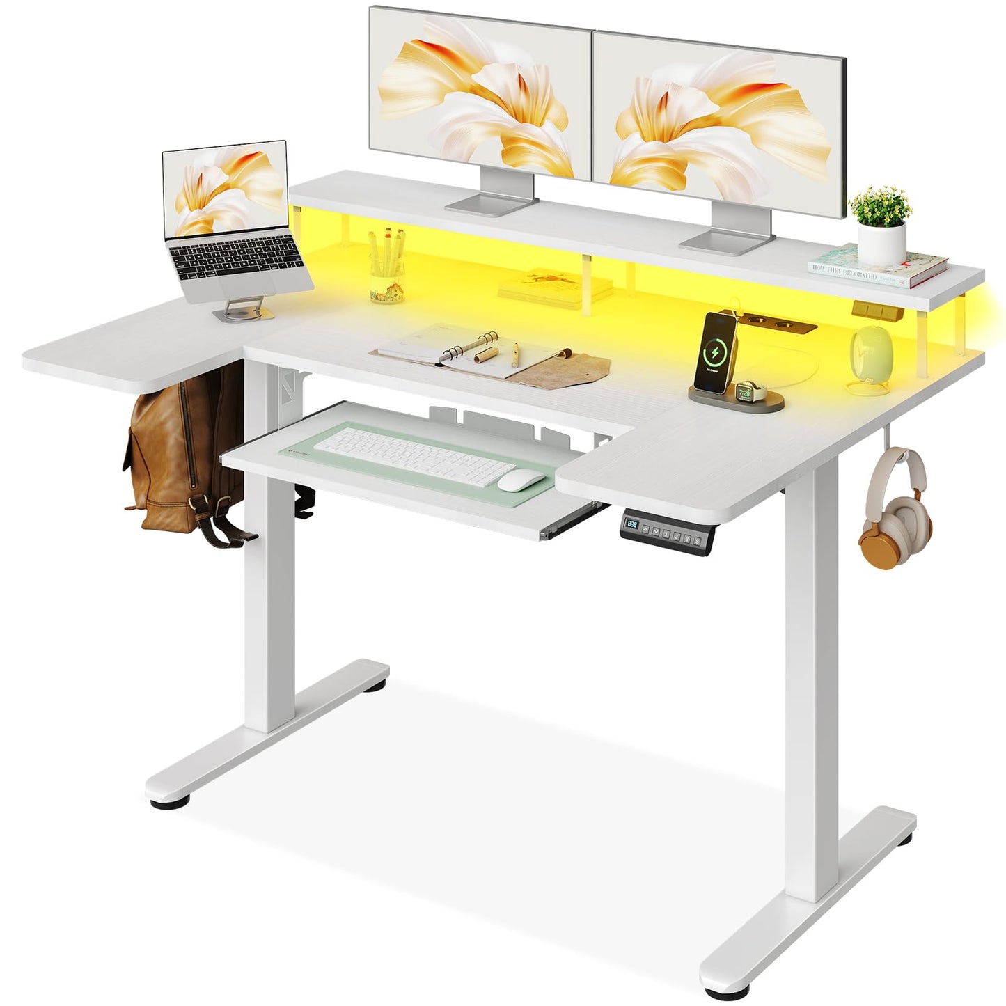 Birou electric reglabil pe inaltime 120 cm OffiGo U, USB, LED, suport monitor