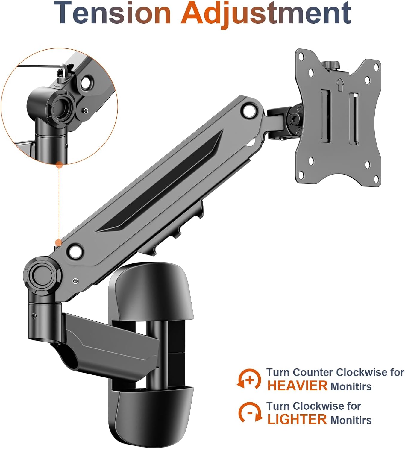 PUTORSEN Monitor Arm Wall Mount Bracket for 17-42 inch Screens, Height Adjustable Gas Spring Single Wall Monitor Mount, Tilt Swivel Rotate, Load 12KG, VESA 75x75/100x100mm, Black