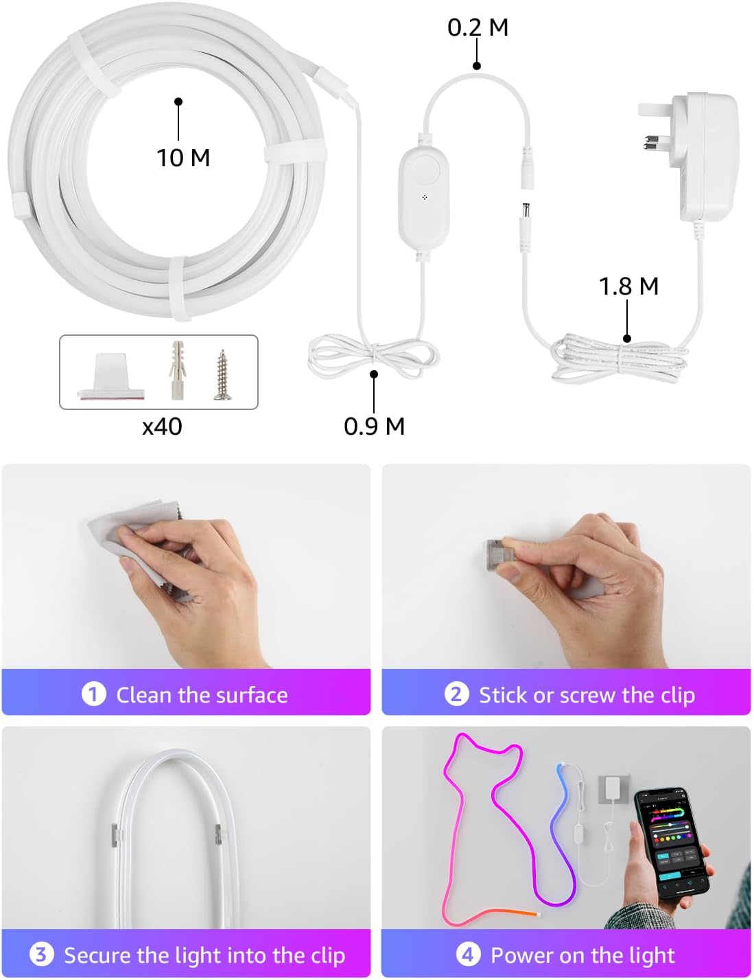 Lepro N1 AI Smart Rainbow Neon Light Strip 10M, 96 LEDs/M, Works with Alexa and Google Home, Music Sync, AI Lighting Design Assistant, IP65 LED Rope Light, MagicColor LED Lights, App & Voice Control