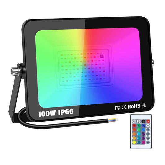 RIGIDON 2 x 50 W RGB LED Spotlight with Remote Control, 5000 LM RGBW Colour Changing Floodlight, 16 Colours, 4 Modes, Dimmable Floodlight Lamp for Party, Garden, Tree, Landscape, Disco Celebrations,