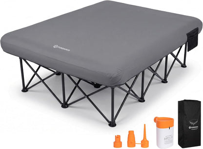 Pat de camping dublu FUNDANGO cu pompa electrica, cadru pliabil si husa detasabila, gri inchis