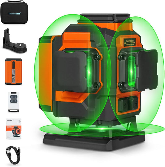 Cross Line Laser Green, 3 x 360 Degree Laser Spirit Level, Self-Levelling, 3D Cross Laser 12 Line Laser, Construction Laser for Indoor Construction Site, Wall Laser with Rechargeable Battery (Type-C)