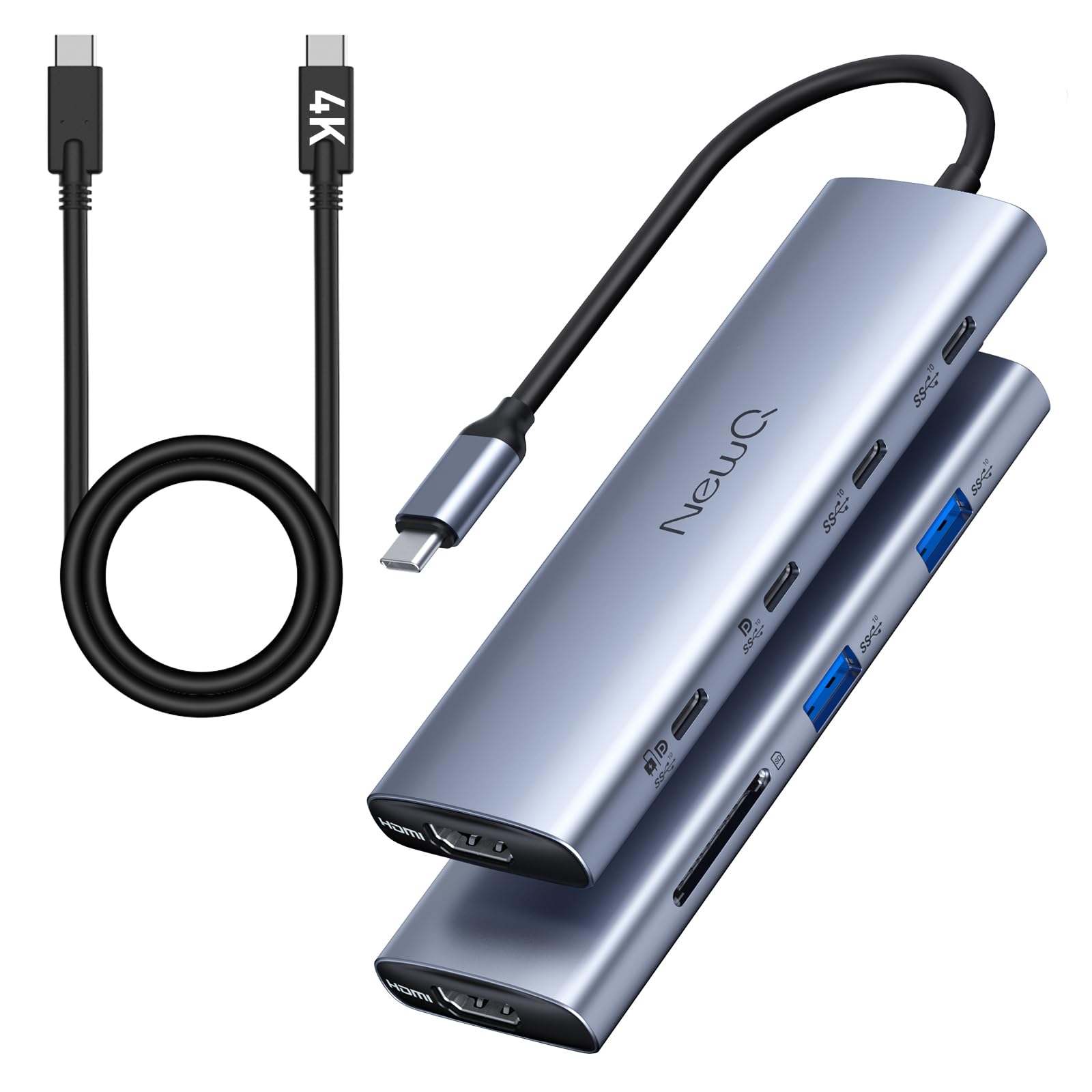 USB C Video Hub NEWQ Type C Hub 3.2 Reverse Current Monitor, Dual Video Display 4K@30-60Hz, 4x USB-C 3.2 GEN2 10Gbps, Support PD 100W Max, with Video Cable