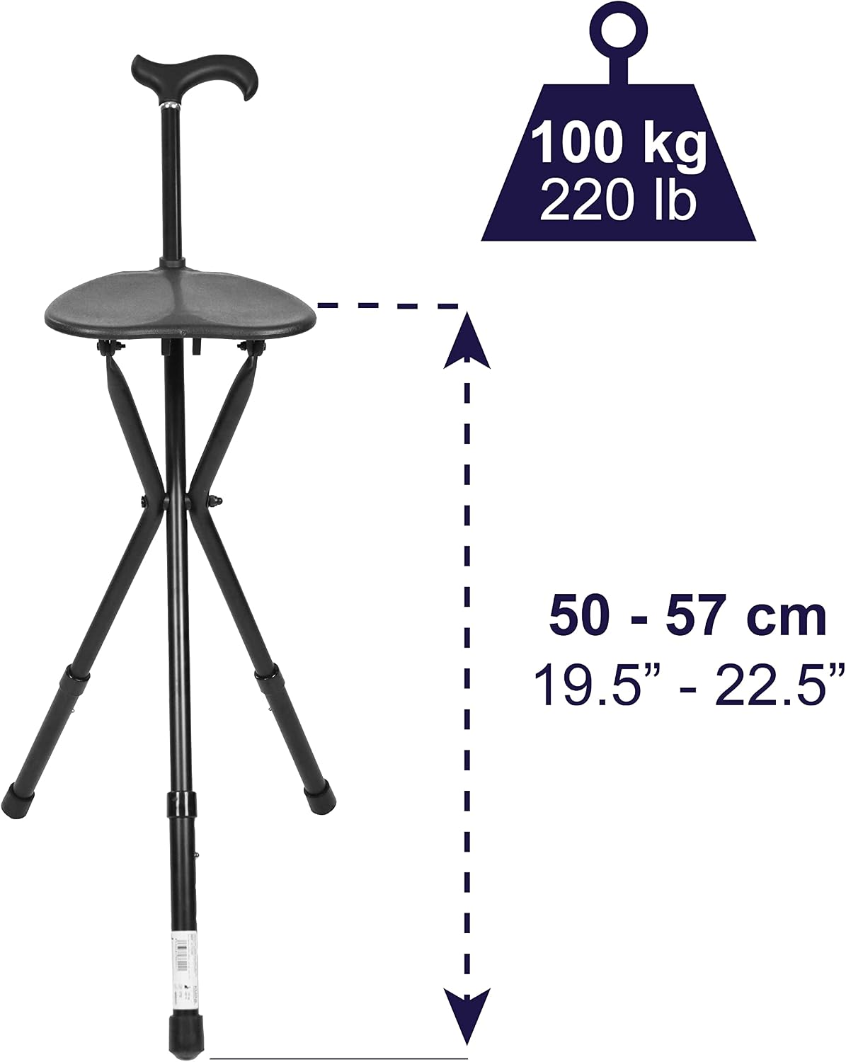 Baston pliabil cu scaun KMINA din aluminiu, 86-96 cm, negru