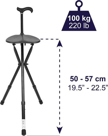 Baston pliabil cu scaun KMINA din aluminiu, 86-96 cm, negru