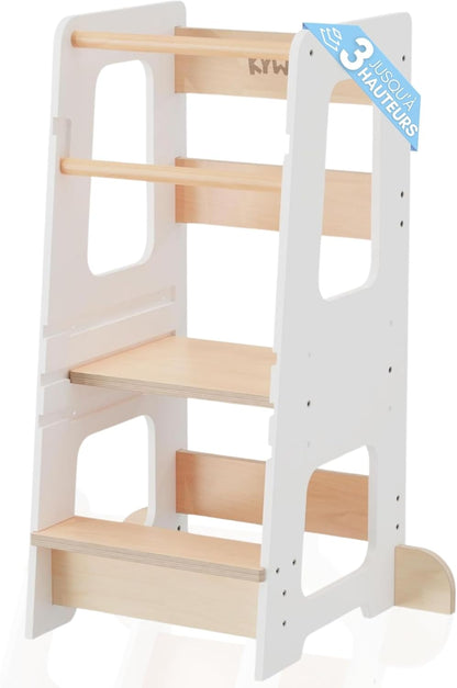Turn de invatare Montessori din lemn KYWAI, scaunel pentru copii 1 an, turn educational, alb