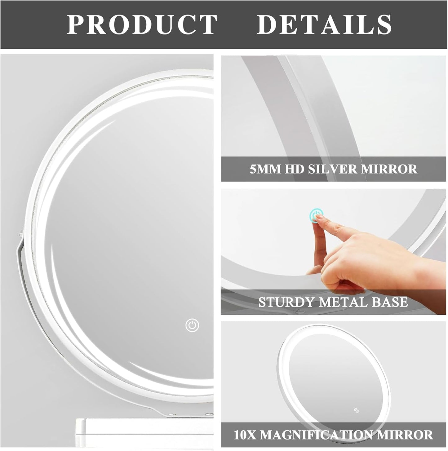 YOSHOOT Round Table Vanity Mirror, 45cm Pattern Lighted Dressing Revolve Make Up Mirror,Smart Touch Screen,Dimmable 3 Modes LED Light Strips(Whirlwind, White)