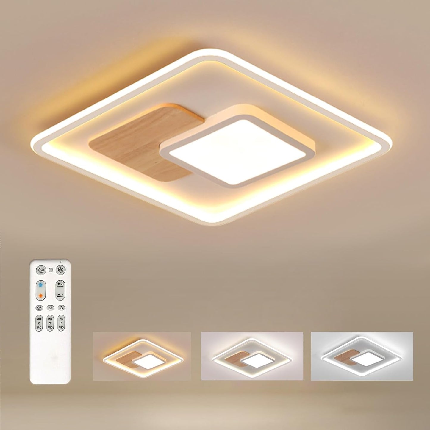 FitzMia Square LED Ceiling Light, Ceiling Light with Wood, Ceiling Lights Dimmable with Remote Control, Modern Round Wooden Ceiling Light for Bedroom, Children's Room, Kitchen (31.5x31.5 cm, 30 W)