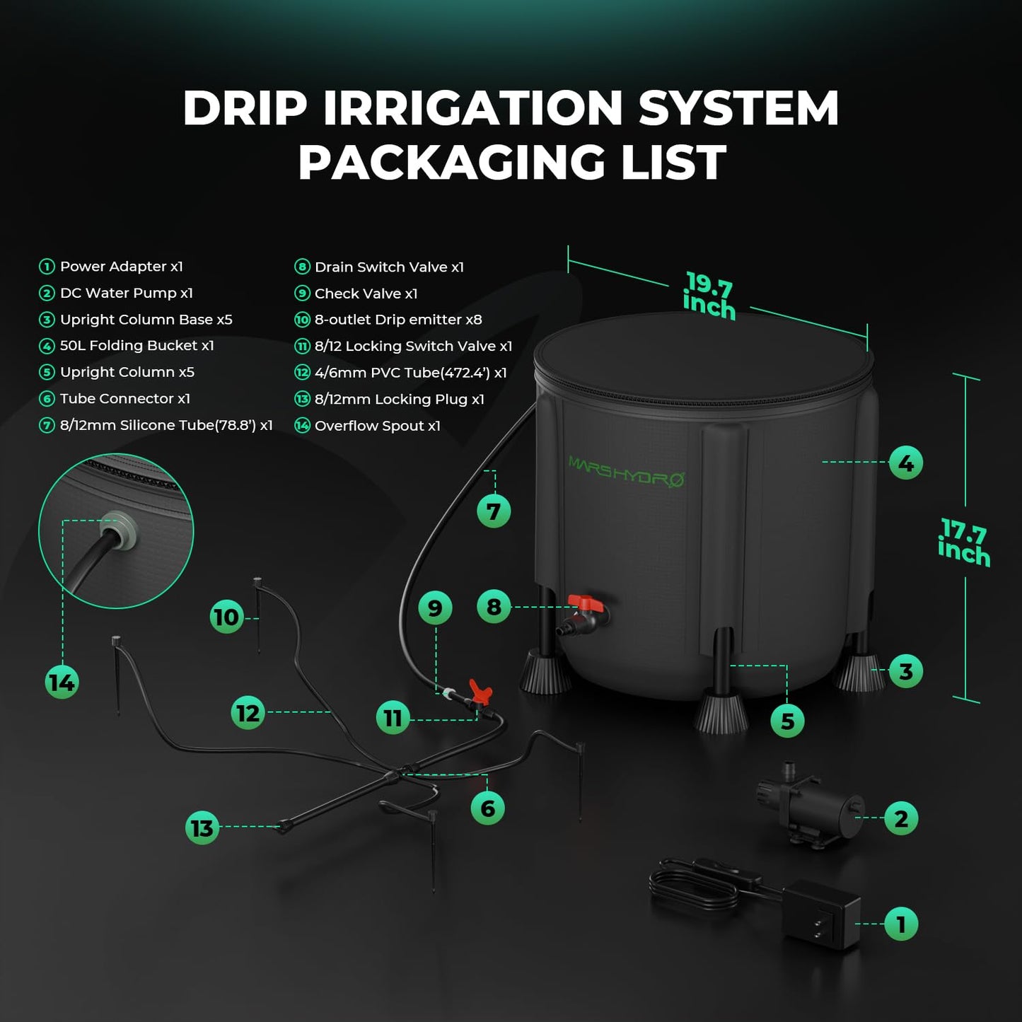 MARS HYDRO Automatic Watering Watering System Indoor with Foldable 50 L Bucket, Improved 24 W Water Pump, 8 Drip Nozzles, Garden Watering System for Indoors, Lawn, Greenhouse, Yard