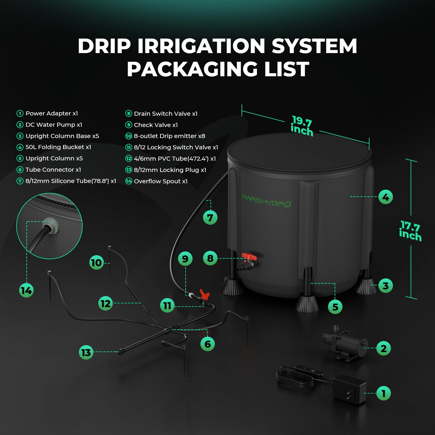 MARS HYDRO Automatic Watering Watering System Indoor with Foldable 50 L Bucket, Improved 24 W Water Pump, 8 Drip Nozzles, Garden Watering System for Indoors, Lawn, Greenhouse, Yard