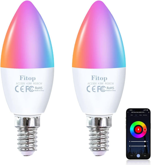 Fitop Alexa Smart Light Bulbs, E14 WiFi LED Lamps, Dimmable Light Bulb, 4.9 W, 470 Lm + 2700-6500 K + RGB 16 Million Colours, App Control, Compatible with Alexa/Google Home, Voice Control, Pack of 2