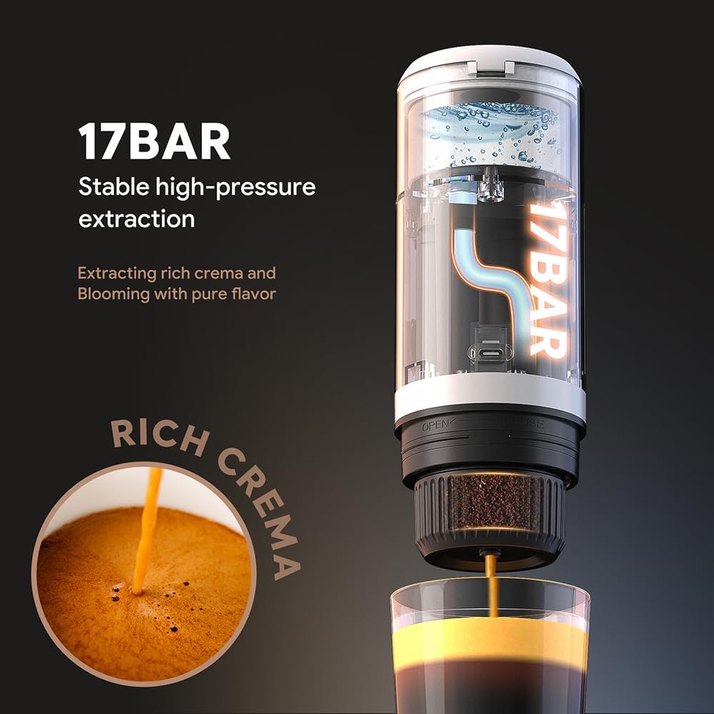 BENFUCHEN 3 in 1 Portable Espresso Machine with NO Heating Function, Type-C Charging Electric Espresso Maker, 17 Bar Mini Coffee Maker for NESPRESSO/DolceGusto Pods & Ground Coffee On The Go, Black