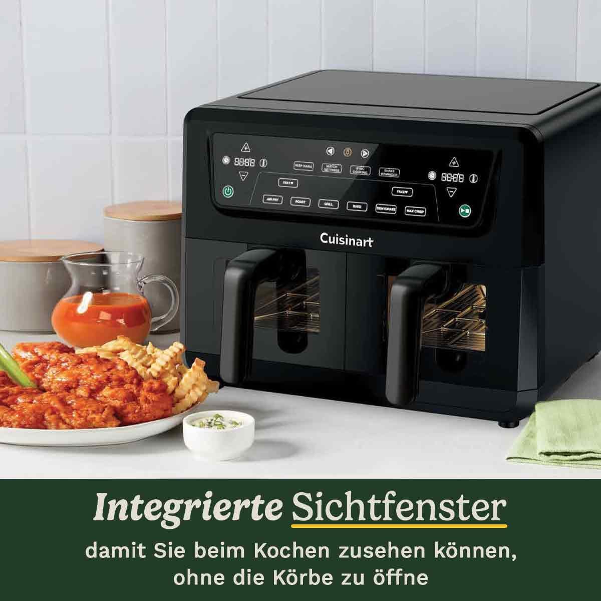 Friteuza cu aer cald cu 2 camere XXL, 10,4 L (5,2 L + 5,2 L), fara PFAS, neagra cu fereastra de vizualizare