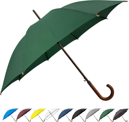 Umbrela clasica automata SoulRain cu maner J din lemn, transparenta, rezistenta la vant, 121,9 cm, verde inchis