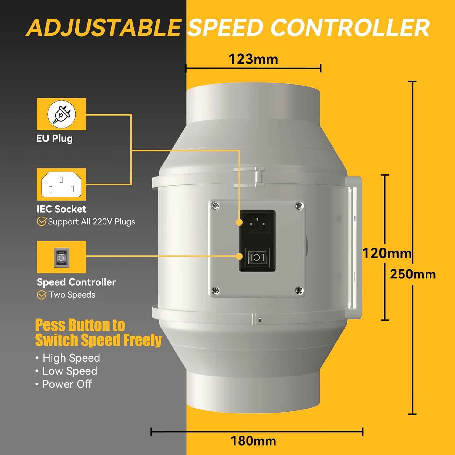 FanGoFast Flue Duct Fan 125 mm Inline Duct Fan Exhaust Fan 230 V Quiet with IEC Socket EU Plug + 1.5 m EU Power Cable for Bathroom, Office, Growth Rooms