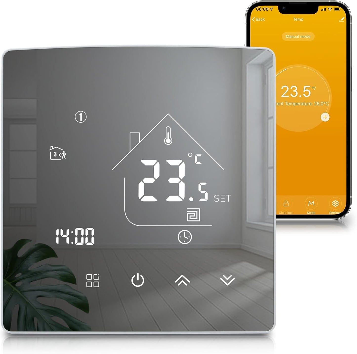 Beok Mirror Thermostat Underfloor Heating Smart WiFi Room Thermostat Heating Thermostat with Digital LCD Wall Thermostat for Water Underfloor Heating Compatible Tuya, Alexa, Google Home 3A