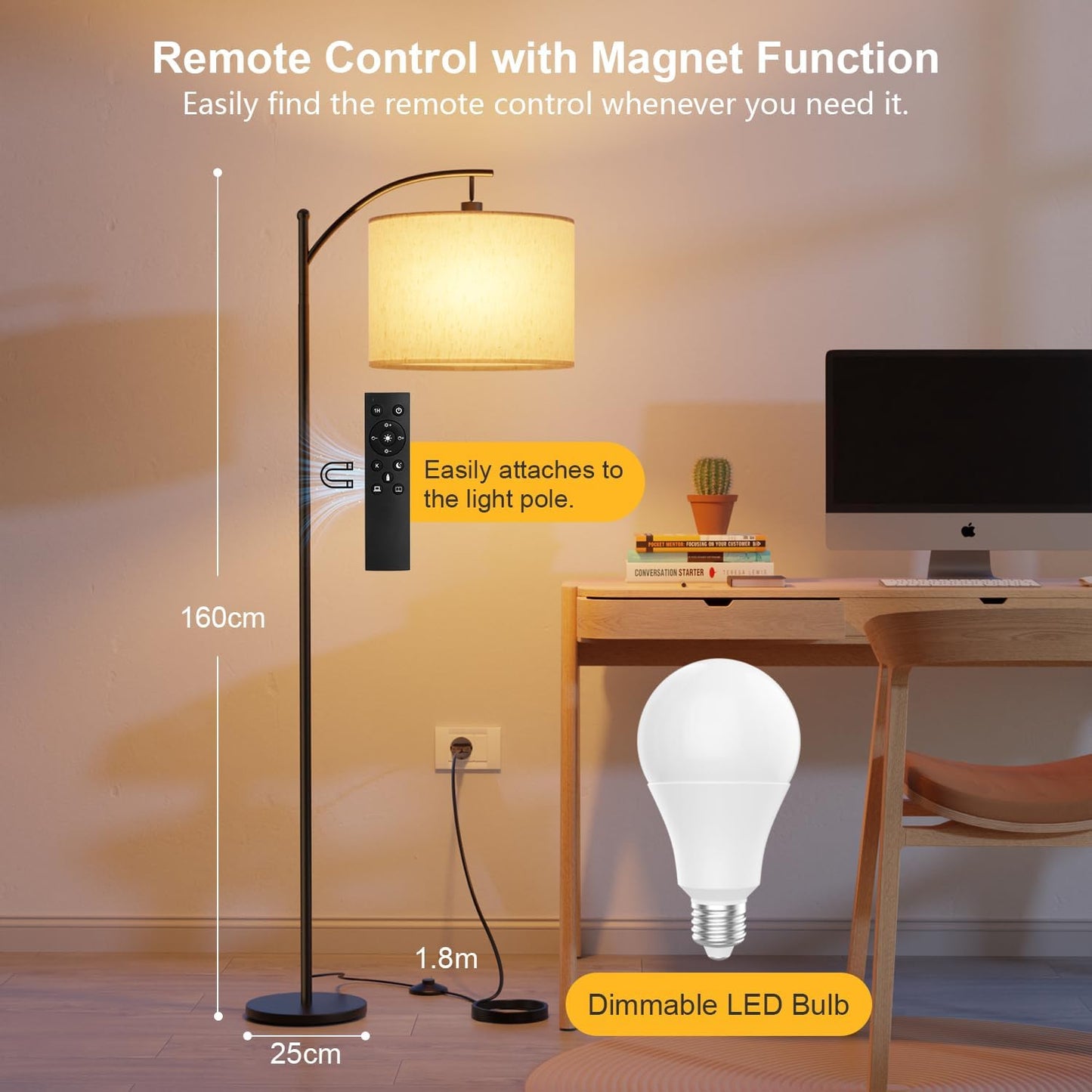 GLUROO Floor Lamp Living Room with Remote Control, Modern Floor Lamp Arch Lamp with 3 Colour Changes, Continuous Brightness, Dimmable LED Floor Lamp with Foot Switch