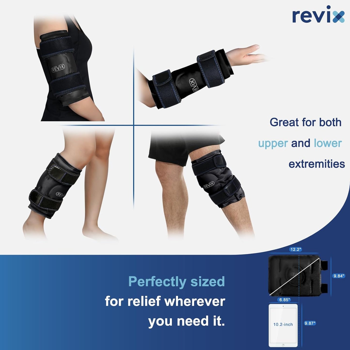 REVIX Knee Cooling Cuff - Reusable Cooling Pad with Velcro Fastening & Flexible Gel, Knee Cooling Pack for Targeted Use for Everyday Tension, Bruises & Sports, Black