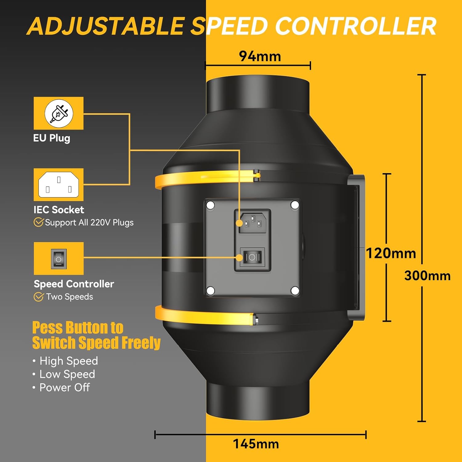 FanGoFast Rauchabzug Rohrventilator 100 mm Inline-Kanalventilator Abluftventilator Rohrlüfter 230 V Leise mit IEC-Steckdose EU-Stecker + 1,5 m EU Netzkabel für Badezimmer, Büro, Wachstumsräume