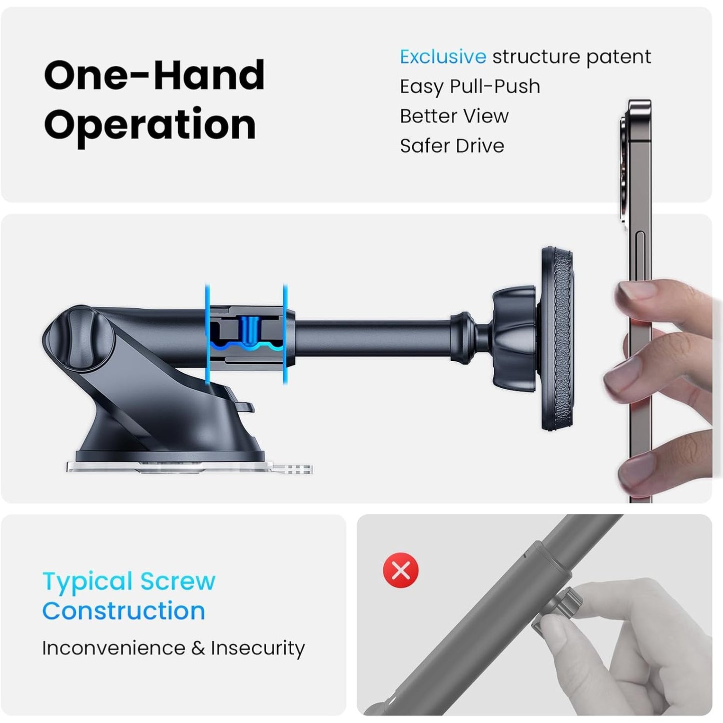 APPS2Car Magnetic Phone Mount for Car – Industrial Suction Cup Dashboard & Windshield Holder with Telescopic Arm, 6 Strong Magnets – Universal Fit for iPhone & Android (Metal Plate Required)