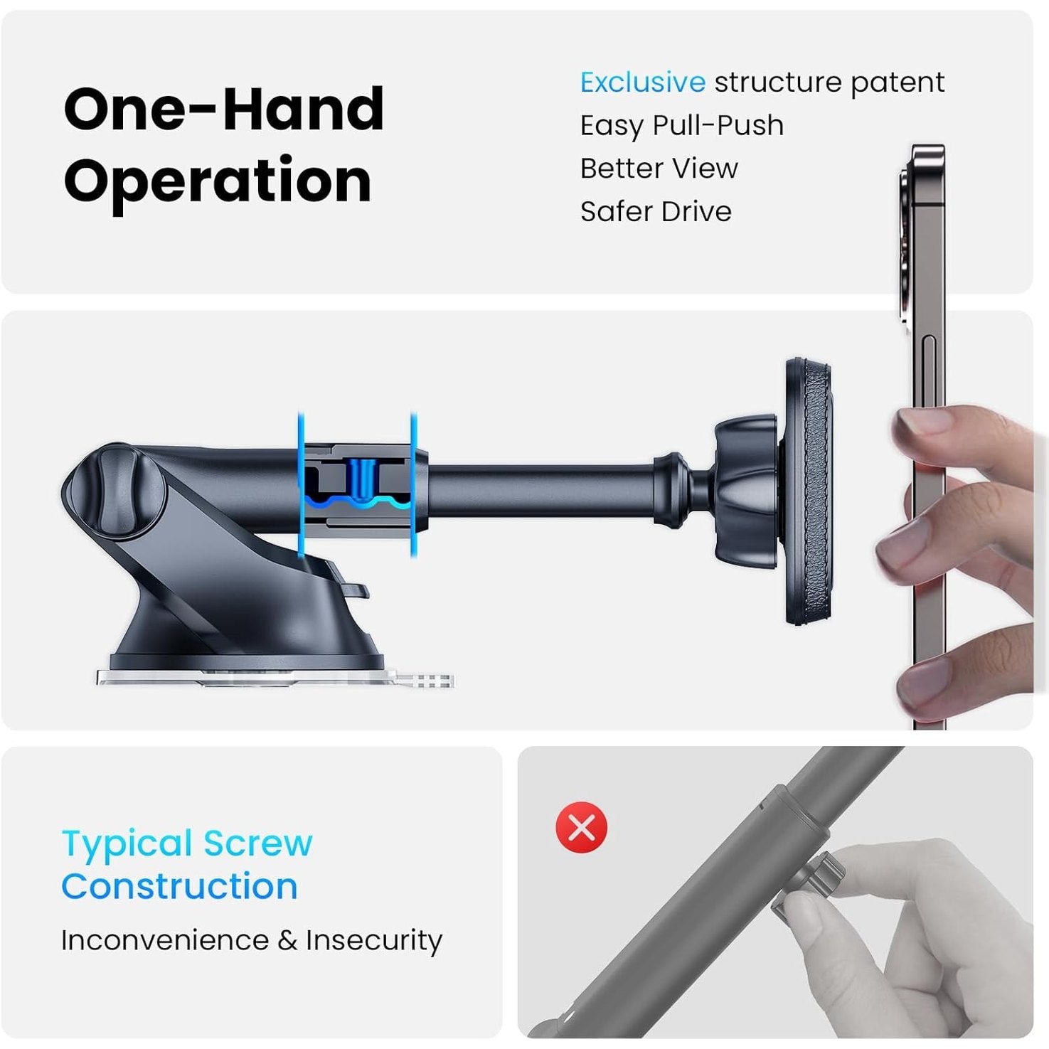 APPS2Car Magnetic Phone Mount for Car – Industrial Suction Cup Dashboard & Windshield Holder with Telescopic Arm, 6 Strong Magnets – Universal Fit for iPhone & Android (Metal Plate Required)