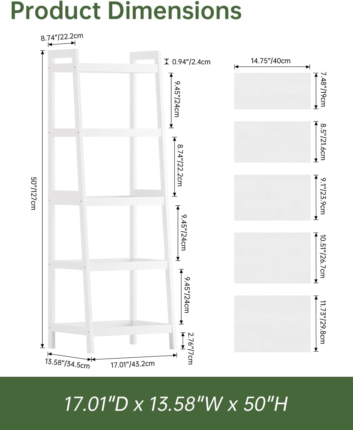 Etajera tip scara SMIBUY din bambus, 5 rafturi, 127 cm inaltime, alba