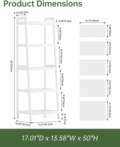 Etajera tip scara SMIBUY din bambus, 5 rafturi, 127 cm inaltime, alba