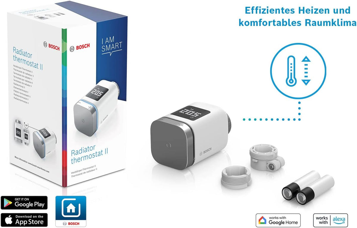 Termostat inteligent pentru radiator Bosch Smart Home Radiator Thermostat II cu functie in aplicatie, compatibil Alexa, Apple HomeKit si Google Home