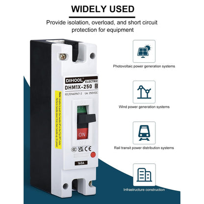 DIHOOL 160 A PV MCCB DC Isolator Switch, 1 Pole, DC250 V, Photovoltaic Compact Circuit Breaker for PV, Solar System, Solar Modules, Power System