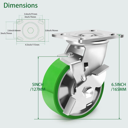 Role industriale pivotante Humagineer cu frana, 12,5 cm, miez din aluminiu si banda PU, set 4, sarcina 1800 kg